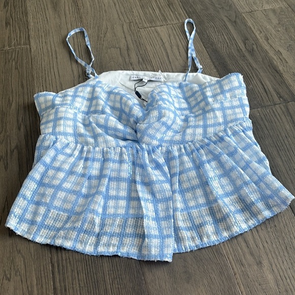 English Factory | Sleeveless Sequin Twist Front Plaid Flounce Tank - Picture 3 of 13